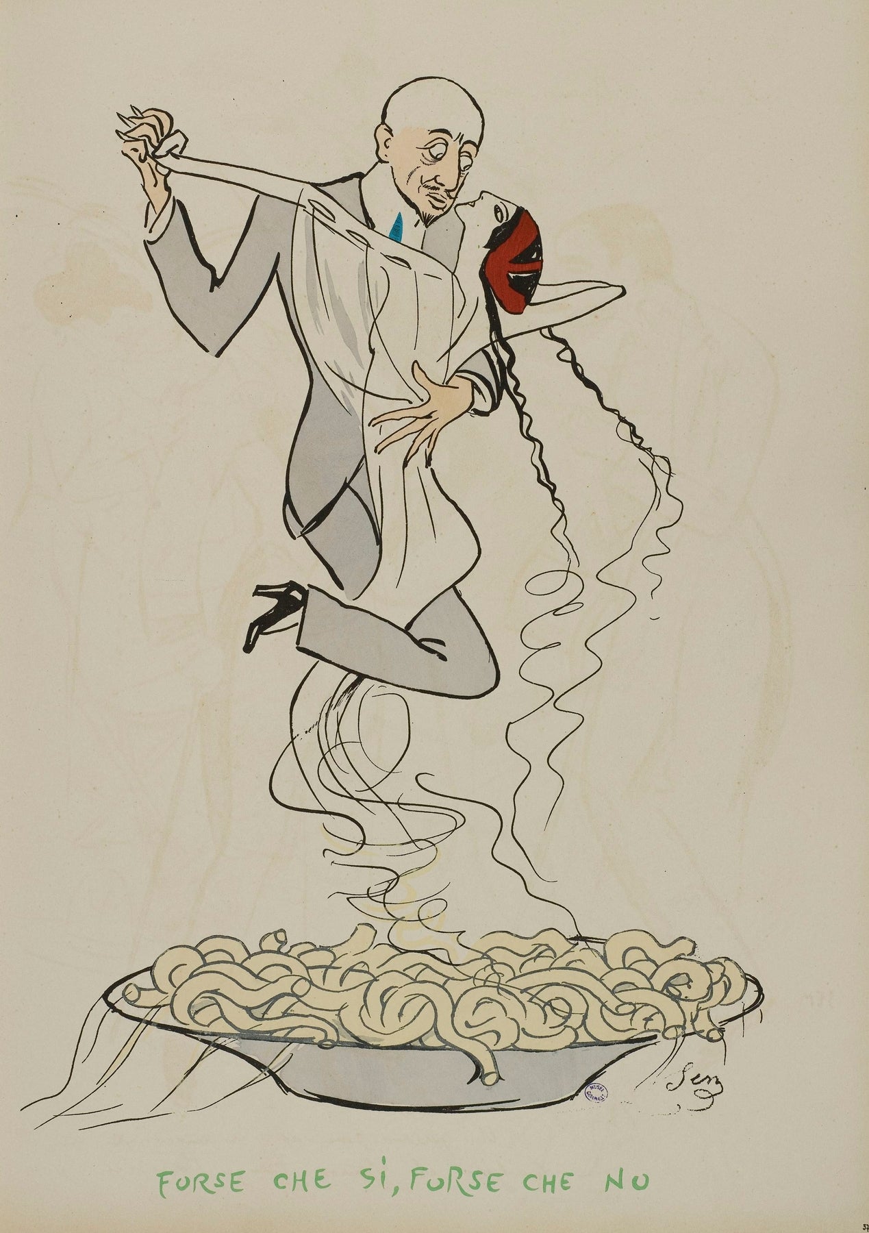 "Forse che si, forse che no" spaghetti illustration print (1913) by Georges Goursat aka SEM