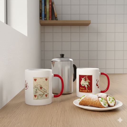 "Eusebi" Home Kitchen Mug (11oz) - Logo with two vintage posters